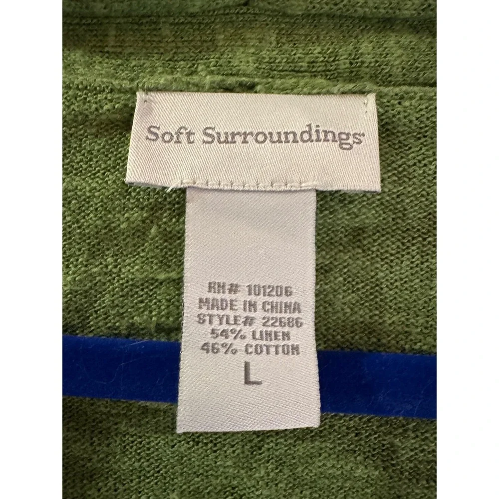 Soft‎ Surroundings Green Linen Blend Open Front Cardigan Sweater with Detail
